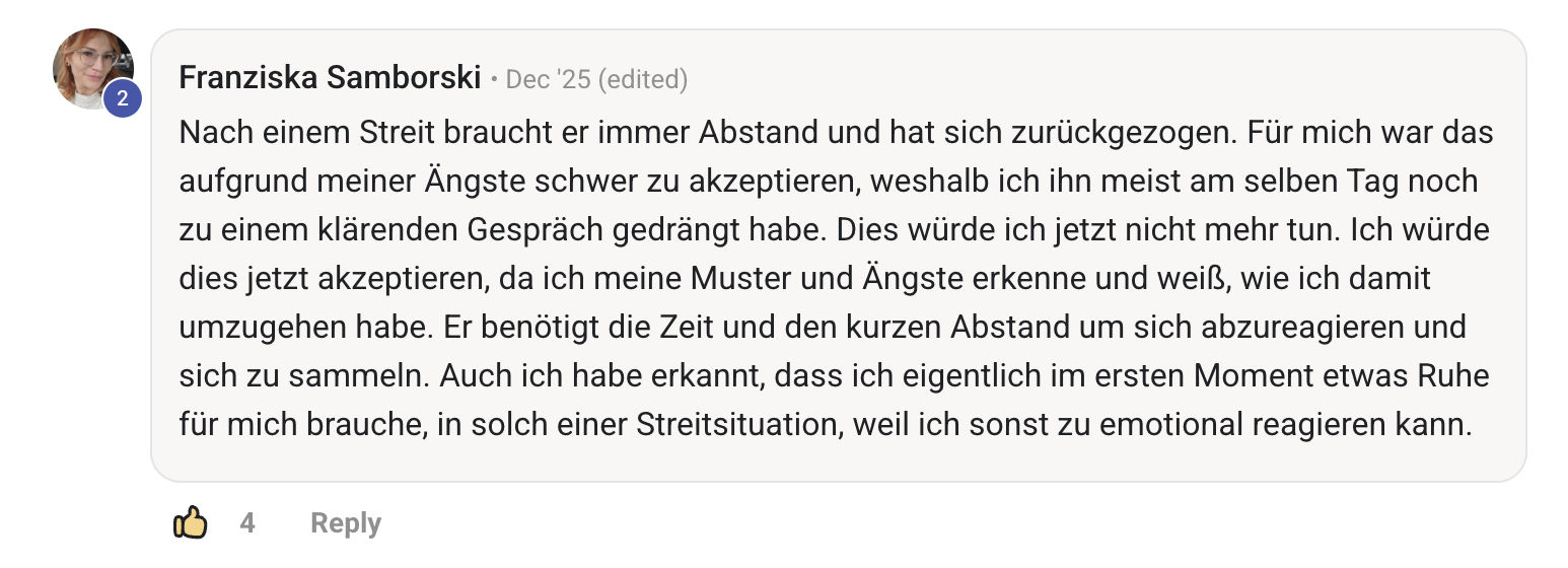Testimonial Franziska: Abstand nach Streit akzeptieren